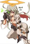  ass breasts cleavage commentary_request cross cross_necklace gloves glowing glowing_eye guilty_gear guilty_gear_xrd jack-o'_valentine jewelry long_hair mask medium_breasts multicolored_hair necklace red_eyes red_hair shirorenge_(huruhuru) silver_hair solo two-tone_hair unzipped 