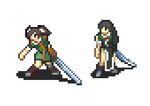  asymmetrical_legwear black_hair brown_hair chikuma_(kantai_collection) crossover elbow_gloves fire_emblem gloves hair_ribbon kantai_collection long_hair lowres multiple_girls myrmidon_(fire_emblem) pelvic_curtain pixel_art remodel_(kantai_collection) ribbon rw simple_background single_elbow_glove sword swordmaster_(fire_emblem) tone_(kantai_collection) weapon white_background 