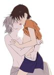  2boys androgynous ass ass_grab bishounen briefs brown_eyes brown_hair french_kiss grey_hair hobak hug ikari_shinji kiss multiple_boys nagisa_kaworu neon_genesis_evangelion neon_genesis_evangelion_(manga) pants red_eyes shirt_lift shorts shorts_pull simple_background sweat tongue topless underwear yaoi 