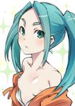  aqua_hair bakemonogatari breasts eyebrows green_eyes looking_at_viewer monogatari_(series) nipples ononoki_yotsugi open_clothes open_shirt sakayama_shinta shirt short_hair small_breasts solo twintails 