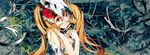  animal_skull blonde_hair bone breasts dress el-zheng highres long_hair looking_at_viewer original red_eyes sideboob skeleton small_breasts solo strapless strapless_dress tearing_up 