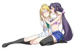  arm_around_back ayase_eli black_legwear blonde_hair blush bow bra closed_eyes ear_licking hand_on_another's_head kneehighs licking love_live! love_live!_school_idol_project multiple_girls no_pants no_shirt otonokizaka_school_uniform pink_scrunchie ponytail purple_hair school_uniform scrunchie shirt simple_background sitting skirt suzushiro_(suzushiro333) thighhighs tongue toujou_nozomi underwear white_background white_shirt yuri 