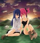  2girls artist_request blue_hair blush chelia_blendy child couple dress duo eyes_closed fairy_tail female hand_holding happy interlocked_fingers leaning long_hair multiple_girls pink_hair short_hair short_twintails sitting sunset twintails wendy_marvell 