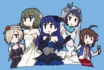  ahoge blonde_hair blue_dress blue_hair dai-oki dress elbow_gloves gloves green_hair hair_over_one_eye idolmaster idolmaster_(classic) idolmaster_cinderella_girls jitome kisaragi_chihaya long_hair mole mole_under_eye multiple_girls shirasaka_koume skirt takagaki_kaede wakiyama_tamami wakui_rumi white_dress 