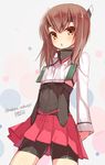  :o arms_behind_back artist_name bike_shorts blush brown_eyes brown_hair flat_chest headband headgear kantai_collection looking_at_viewer magazine_(weapon) open_mouth pleated_skirt short_hair skirt solo tahya taihou_(kantai_collection) twitter_username 