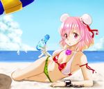  adapted_costume bandages beach beach_umbrella bikini blonde_hair blue_sky boat bogyaku_no_m breasts cloud cuffs day double_bun flower full_body gradient_hair holding ibaraki_kasen lying medium_breasts multicolored_hair on_side open_mouth outdoors pink_eyes pink_hair ramune sailboat short_hair sky solo summer swimsuit touhou umbrella watercraft 