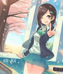  arm_support black_hair blazer bow brown_eyes cherry_blossoms desk diploma hair_ornament hairclip hajime_kaname highres jacket looking_at_viewer one_eye_closed open_mouth original short_hair smile solo tears v wind 
