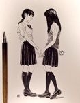  bad_id bad_twitter_id gift hiro_(dismaless) holding_hands long_hair monochrome multiple_girls skirt socks traditional_media yuri 