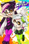  2girls :d aori_(splatoon) bent_over black_hair breasts cleavage copyright_name cousins domino_mask dress earrings eyebrows fangs food food_on_head gloves green_legwear heart hotaru_(splatoon) jewelry leg_up long_hair mask medium_breasts mole mole_under_eye multiple_girls object_on_head open_mouth paint paint_splatter pantyhose pointy_ears purple_legwear rossia short_hair short_jumpsuit signature silver_hair small_breasts smile splatoon_(series) splatoon_1 strapless strapless_dress sushi tentacle_hair thick_eyebrows unitard white_gloves yellow_eyes 