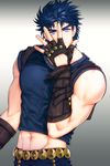  adonis_belt aqua_eyes bare_shoulders biceps black_gloves blue_hair broad_shoulders closed_mouth commentary_request fingerless_gloves gloves gold_trim hand_over_face hand_up haze00 jojo_no_kimyou_na_bouken jojo_pose jonathan_joestar male_focus muscle pectorals phantom_blood pose shirt sleeveless sleeveless_shirt smile solo spiked_hair standing thick_eyebrows upper_body 