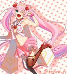  ;d ahoge animal_ears aqua_eyes breasts cat_ears cat_tail cleavage_cutout hairband heart heart_background kisaragi_n long_hair midriff navel one_eye_closed open_mouth pink_hair pink_skirt red_legwear rosia_(show_by_rock!!) show_by_rock!! skirt small_breasts smile solo tail thighhighs twintails twitter_username very_long_hair yellow_hairband 