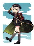  armor cape garters green_eyes grey_legwear hat hotarumaru japanese_armor kneehighs male_focus open_mouth shorts shoulder_armor silver_hair smile sock_garters sode solo touken_ranbu uguisu_mochi_(ykss35) walking 