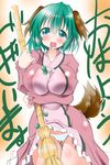 animal_ears ass_visible_through_thighs bamboo_broom blush breasts broom dress green_eyes green_hair highres kasodani_kyouko large_breasts oobashin open_mouth panties short_hair smile solo striped striped_panties tail thigh_gap touhou underwear 