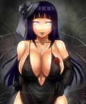  black_dress black_hair black_lipstick breasts cleavage commentary_request dress dress_lift elbow_gloves evening_gown formal gloves gothic hat highres hips huge_breasts hyuuga_hinata jewelry lipstick long_hair looking_at_viewer makeup mini_hat naruto naruto_(series) necklace sakuama silver_eyes smile solo thighs 