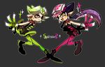  :d anjap aori_(splatoon) black_hair cousins domino_mask dress earrings fangs food food_on_head gloves green_legwear hotaru_(splatoon) jewelry long_hair mask mole mole_under_eye multiple_girls object_on_head open_mouth orange_eyes pantyhose pointy_ears purple_legwear short_hair short_jumpsuit smile splatoon_(series) splatoon_1 strapless strapless_dress sushi tentacle_hair unitard 