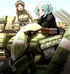  bad_id bad_pixiv_id blue_hair blurry bodysuit brown_hair bullet_hole commentary damaged depth_of_field goggles goggles_on_head gun helmet looking_at_another machine_gun mecha military military_uniform multiple_girls open_mouth original pilot sunlight surprised tef uniform upper_body weapon 