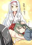  3girls =_= absurdres black_hair blush brown_eyes commentary drooling green_hair hair_ribbon hand_on_another's_head highres japanese_clothes kantai_collection katsuragi_(kantai_collection) lap_pillow long_hair multiple_girls pleated_skirt ponytail red_skirt remodel_(kantai_collection) ribbon ryuki_(ryukisukune) shoukaku_(kantai_collection) silver_hair skirt smile spoken_ellipsis translated twintails zuikaku_(kantai_collection) 