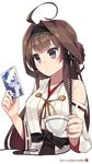  ahoge bare_shoulders brown_hair cd_case cup dated detached_sleeves double_bun hair_intakes hairband headphones highres holding holding_cup kantai_collection kongou_(kantai_collection) kuro_chairo_no_neko long_hair long_sleeves nontraditional_miko o3o paw_print product_placement purple_eyes simple_background solo teacup twitter_username upper_body white_background wide_sleeves 