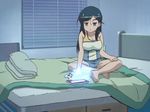  1girl animated animated_gif bare_legs barefoot bed black_hair blue_hair controller etou_mei feet gakuen_utopia_manabi_straight! green_eyes kicking legs lying on_bed on_side screencap shorts soles solo tank_top thighs 