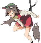  ;d animal_ears brown_hair cat cat_ears cat_tail chen commentary_request fang green_hat hasebe_yuusaku hat jewelry long_sleeves mob_cap multiple_tails nekomata one_eye_closed open_mouth short_hair simple_background single_earring smile solo tail touhou two_tails white_background 