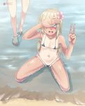  beach bikini blue_eyes breasts covering_one_eye flower hair_flower hair_ornament i-168_(kantai_collection) kantai_collection micro_bikini one-piece_tan recording ro-500_(kantai_collection) silver_bell small_breasts swimsuit tan tanline v 