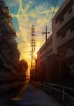 akio-bako building city cloud cloudy_sky fence highres landscape no_humans original power_lines railing road road_sign scenery sign sky sunset tree utility_pole 