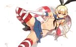  blonde_hair blue_eyes blue_skirt breasts elbow_gloves gloves hairband kantai_collection long_hair navel nipples shimakaze_(kantai_collection) skirt small_breasts solo striped striped_legwear thighhighs white_gloves yang-do 