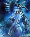  agnidevi bikini black_hair blue_skin breasts cleavage final_fantasy green_eyes horns ice long_hair medium_breasts mobius_final_fantasy shiva_(final_fantasy) solo swimsuit 