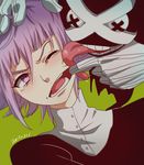  androgynous bad_id bad_pixiv_id cheek_pull crona_(soul_eater) finger_in_another's_mouth kamu_(simp3) mouth_pull purple_hair ragnarok_(demon_sword) short_hair soul_eater tears tongue tongue_out wince 
