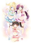  ayase_eli belt black_hair blonde_hair blue_eyes breasts calling detached_sleeves green_eyes komowata_haruka long_hair love_live! love_live!_school_idol_project low_twintails medium_breasts midriff multiple_girls music_s.t.a.r.t!! navel one_eye_closed open_mouth ponytail purple_hair red_eyes single_detached_sleeve skirt smile squatting star starry_background toujou_nozomi twintails white_legwear yazawa_nico 