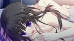  1girl ameto_yuki ass barefoot bed black_hair blush breast_press breasts feet game_cg highres ichinose_sora large_breasts legs long_hair looking_at_viewer lying lying_on_person nude on_stomach open_mouth pure_x_connect purple_eyes smile solo_focus thighs toes 