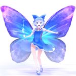  1girl alternate_wings backlighting blue_eyes blue_hair bow butterfly_wings cirno commentary covered_navel evil_smile groin hair_bow highres looking_at_viewer magic mary_janes neck_ribbon open_mouth outstretched_arm puffy_short_sleeves puffy_sleeves ribbon see-through serious shoes short_hair short_sleeves smile solo touhou wings 