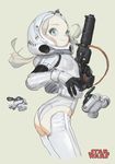  adapted_costume armor ass bad_id bad_pixiv_id black_gloves blue_eyes brown_hair copyright_name etama_quomo gloves gun helmet leotard long_hair revealing_clothes rifle science_fiction smile solo star_wars stormtrooper thighhighs weapon 
