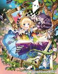  ace_of_spades alice_(wonderland) alice_in_wonderland blonde_hair book bow card cat cheshire_cat copyright_name dress hair_bow light_particles long_hair looking_at_another open_mouth outstretched_arms picture_frame plant playing_card pop-up_book smile thorns tower tree vines wixoss yuzuki_kihiro 