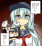  1girl admiral_(kantai_collection) anchor_symbol blackmail blue_eyes cellphone commentary_request flat_cap goodsun_sunkumi hair_between_eyes hat hibiki_(kantai_collection) highres kantai_collection long_hair long_sleeves meme panties peaked_cap phone shaded_face she_holds_my_weakness short_hair smartphone smelling smile translated underwear 