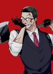  axe biting black_hair dark_persona glasses glove_biting gloves joseph_oda male_focus pigno solo the_evil_within vest waistcoat weapon 