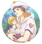  bad_id bad_pixiv_id blonde_hair blue_eyes carrying dated father_and_son fatherly george_joestar_ii_(jojolion) hat hood hoodie johnny_joestar jojo_no_kimyou_na_bouken jojolion kamu_(simp3) multiple_boys sailor_collar sailor_hat steel_ball_run wristband 