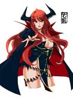  breasts cape cropped_legs horns large_breasts long_hair looking_at_viewer maou_(maoyuu) maoyuu_maou_yuusha outstretched_arm peagunz puffy_sleeves red_eyes red_hair sideboob solo 
