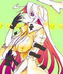  breasts candy cleavage commentary_request covered_nipples food gloves guilty_gear guilty_gear_xrd jack-o'_valentine kin_mokusei large_breasts lollipop long_hair multicolored_hair red_eyes red_hair solo two-tone_hair unzipped white_hair 