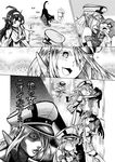  3girls :3 ahoge bare_shoulders bismarck_(kantai_collection) cat cheating comic commentary_request detached_sleeves double_bun gloves grass greyscale hair_ornament hairband hat highres japanese_clothes kantai_collection kiss kongou_(kantai_collection) long_hair looking_at_another looking_to_the_side military military_uniform monochrome multiple_girls munmu-san nontraditional_miko open_mouth peaked_cap smile spoken_exclamation_mark tama_(kantai_collection) thighhighs translated uniform unsinkable_sam 