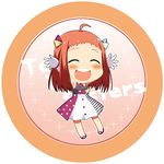  :d \o/ ^_^ ahoge arms_up blush bow chibi closed_eyes copyright_name dress gloves hair_bow harumi_kajika minami_(colorful_palette) open_mouth outstretched_arms red_hair round_image shoes smile solo tokyo_7th_sisters white_gloves 