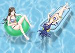  absurdres air_mattress antenna_hair barefoot bikini blazblue blazblue_remix_heart blue_hair bow breasts brown_hair genderswap green_eyes hair_bow highres innertube kurashiki_akane kyokugen_dasshutsu kyokugen_dasshutsu:_9_jikan_9_nin_9_no_tobira large_breasts long_hair lying mai_natsume multiple_girls open_mouth ponytail pool red_eyes ribbon salmon_(4chan) sitting smile swimsuit water 