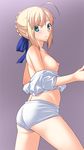  :| ahoge artoria_pendragon_(all) ass blonde_hair blush boyshorts breasts closed_mouth commentary_request fate/stay_night fate_(series) from_side gradient gradient_background green_eyes hair_ribbon highres looking_at_viewer nipples no_bra off_shoulder ribbon saber simple_background skylader small_breasts solo underwear 