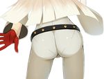  1girl arc_system_works ass belt bodysuit close-up from_behind gloves guilty_gear guilty_gear_xrd jack-o_(guilty_gear) kuroshiro_(ms-2420) long_hair pantylines pov_ass red_gloves shiny shiny_clothes simple_background skin_tight solo standing thigh_gap tight_pants white_background white_hair 