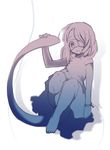  arm_support armband bad_id bad_pixiv_id commentary_request eyepatch gradient holding_own_tail lying on_back original sakata_kaname shadow shirt short_hair sketch solo tail white_background 