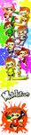  4girls aerospray_(splatoon) ahoge aiming arm_up bike_shorts black_eyes blaster_(splatoon) blue_eyes blue_shirt brown_eyes brown_hair classic_squiffer_(splatoon) company_connection cosplay doubutsu_no_mori echolocator_(splatoon) floral_print green_eyes green_shirt gun half-closed_eyes highres ink_tank_(splatoon) inkling inkling_(cosplay) inkzooka_(splatoon) long_image long_sleeves multiple_boys multiple_girls one_eye_closed paint_roller paint_splatter pink_hair pink_shirt purple_shirt red_shirt rifle shirt short_hair short_twintails smile solid_circle_eyes splat_charger_(splatoon) splat_roller_(splatoon) splatoon_(series) splatoon_1 splattershot_jr_(splatoon) striped striped_shirt super_smash_bros. super_soaker tall_image twintails villager_(doubutsu_no_mori) water_gun weapon white_background yellow_shirt 