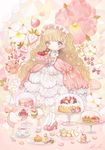  bangs berries blonde_hair blush bobby_socks bonnet bow bright_pupils cake cherry chin_strap cup cupcake dress finger_to_mouth flower food fruit gloves gown grapes grey_eyes hat heart high_heels highres holding jewelry lalala222 layered_dress lolita_fashion long_hair long_sleeves looking_at_viewer macaron original pantyhose pastry petals pink_flower pink_footwear pink_rose plate raspberry ring rose shoes signature socks solo standing strawberry sweet_lolita teacup tray two_side_up very_long_hair wavy_hair white_gloves white_legwear white_pupils 