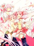  bow bubble_skirt dress gloves hair_bow hair_ribbon highres kaname_madoka kneehighs long_hair magical_girl mahou_shoujo_madoka_magica multiple_girls multiple_persona open_mouth pink_eyes pink_hair ribbon school_uniform shisui_(5830217) short_hair short_twintails skirt smile spoilers thighhighs time_paradox twintails two_side_up ultimate_madoka white_gloves white_legwear wings yellow_eyes 