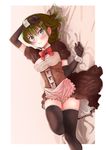  apron black_legwear blush bow bowtie breasts corset covered_nipples cuffs dress elbow_gloves frown gloves green_eyes green_hair hair_ornament hairclip hand_on_head highres large_breasts looking_at_viewer lying on_side original puma_(hyuma1219) rotated solo thighhighs underbust wavy_mouth zettai_ryouiki 