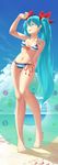  ;d absurdres aqua_eyes aqua_hair aqua_nails baisi_shaonian beach bikini breasts collarbone day error hair_ribbon hatsune_miku highres innertube long_hair nail_polish navel ocean one_eye_closed open_mouth red_ribbon ribbon side-tie_bikini small_breasts smile solo striped striped_bikini swimsuit twintails vocaloid 